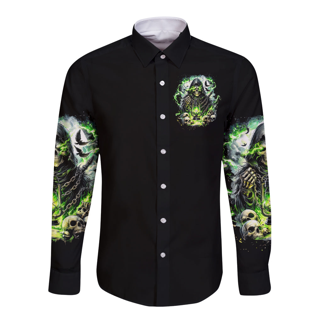 Black long-sleeve button shirt with green skull reaper chest graphic, front view