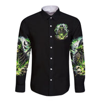 Black long-sleeve button shirt with green skull reaper chest graphic, front view