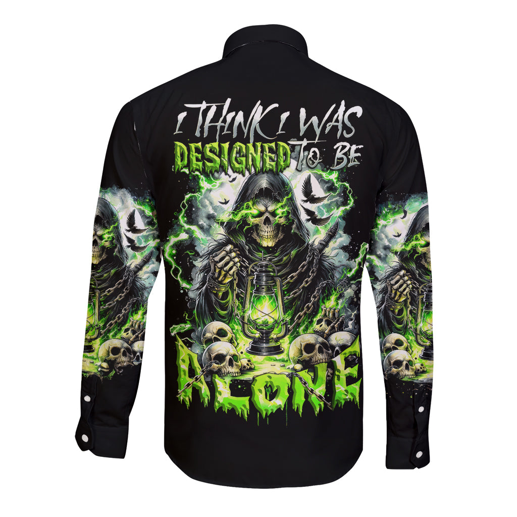 Black long-sleeve button shirt with green skull reaper graphic, back view