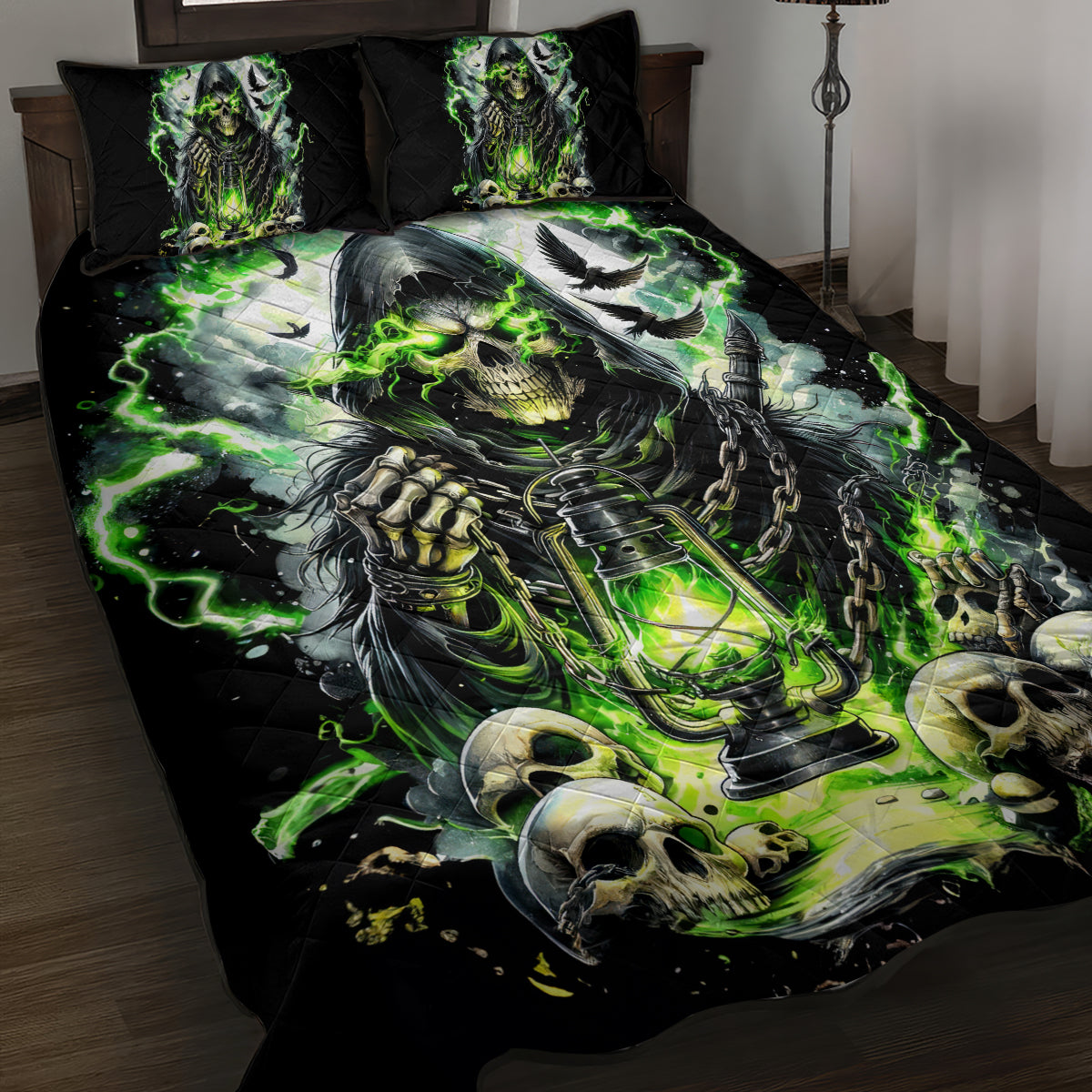 Black quilt bed set with neon green reaper skull artwork and matching pillows