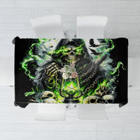 Black tablecloth with green skull and skeletal gothic print, rectangular