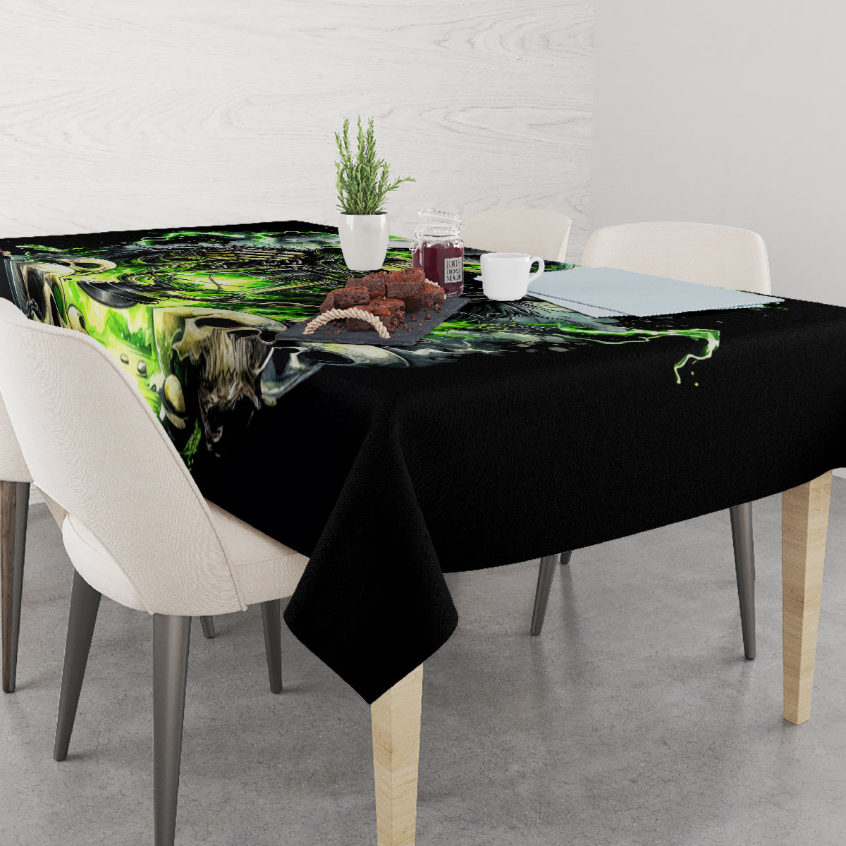 Black tablecloth with green skull, graveyard and lightning graphic, rectangular