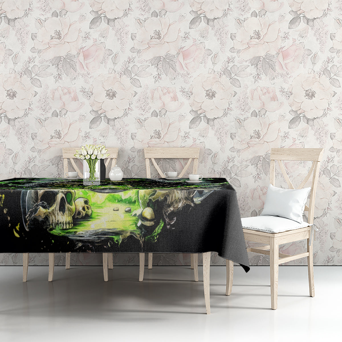 Black tablecloth with green skull scene and graveyard details, rectangular