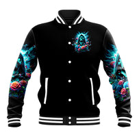 Black unisex baseball jacket, front with button placket, blue skull chest graphic, ribbed stripes