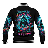 Black unisex baseball jacket, back view with skull and rose graphic, striped ribbed cuffs