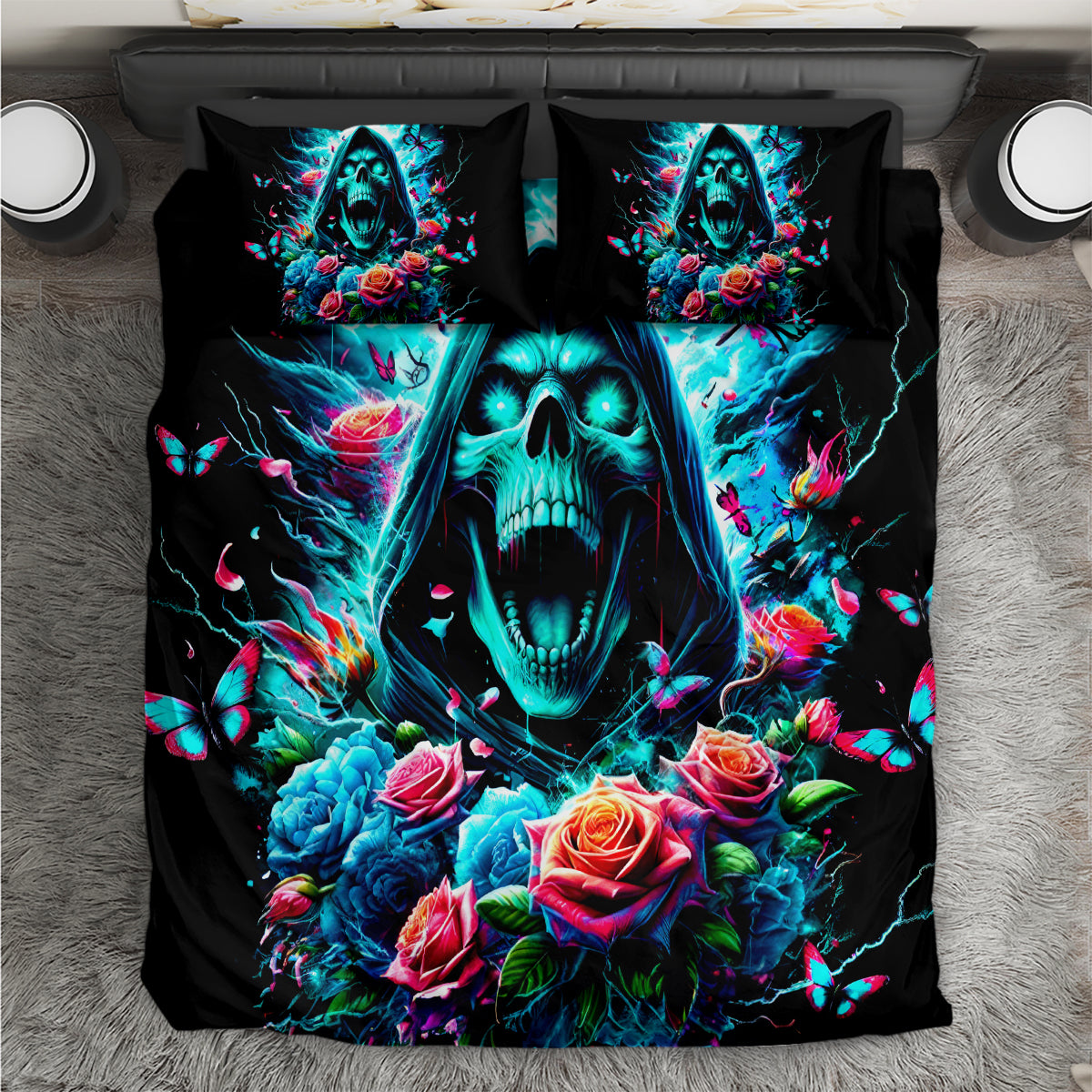 Black duvet cover bedding set with glowing skull, roses, butterflies, and 2 matching pillowcases