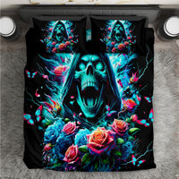 Black duvet cover bedding set with glowing skull, roses, butterflies, and 2 matching pillowcases