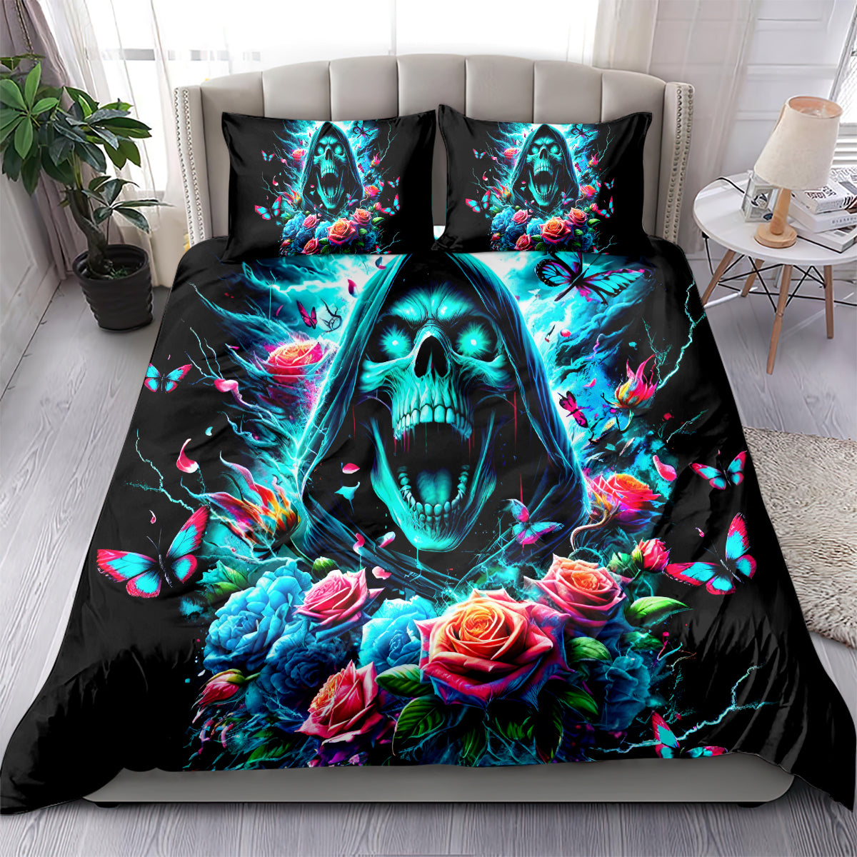 Black skull and rose duvet cover set with butterfly accents and two matching pillowcases