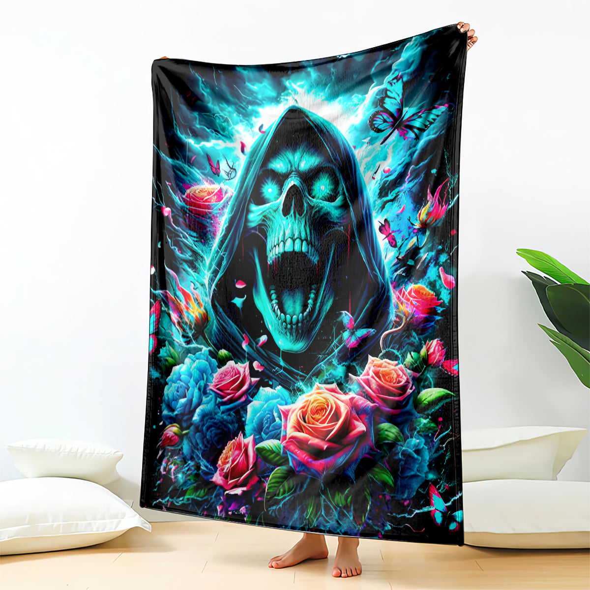 Hooded skull and rose graphic blanket with blue flames and butterfly accents
