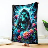 Hooded skull and rose graphic blanket with blue flames and butterfly accents