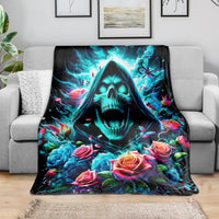 Skull and rose graphic blanket draped on sofa, hooded skeleton face with blue glow