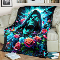 Hooded skull and rose graphic blanket, colorful roses and butterflies on dark background