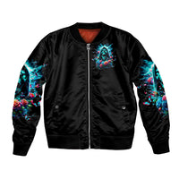 Black unisex bomber jacket with ribbed collar and cuffs, front zipper, blue skull rose artwork