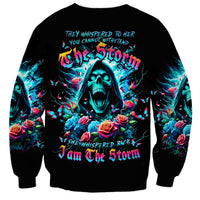 Black unisex crewneck sweatshirt with skull, roses, and blue lightning front print