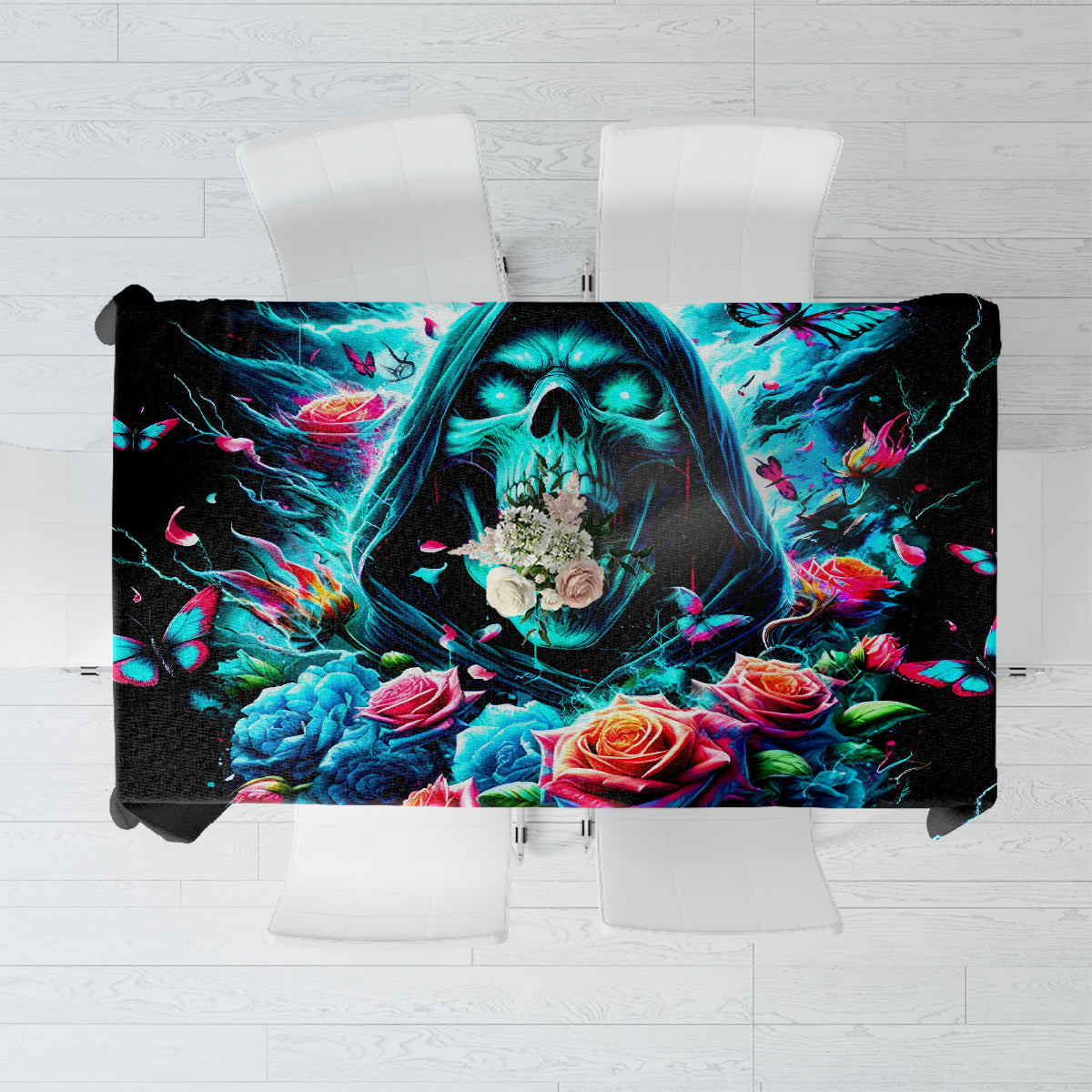 Black tablecloth with neon skull and roses design, colorful butterflies and lightning