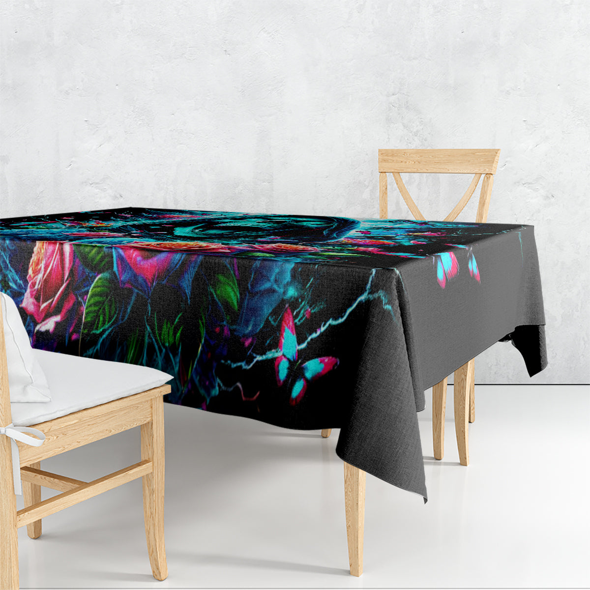 Black gothic tablecloth with colorful skull, roses, butterflies, and lightning pattern