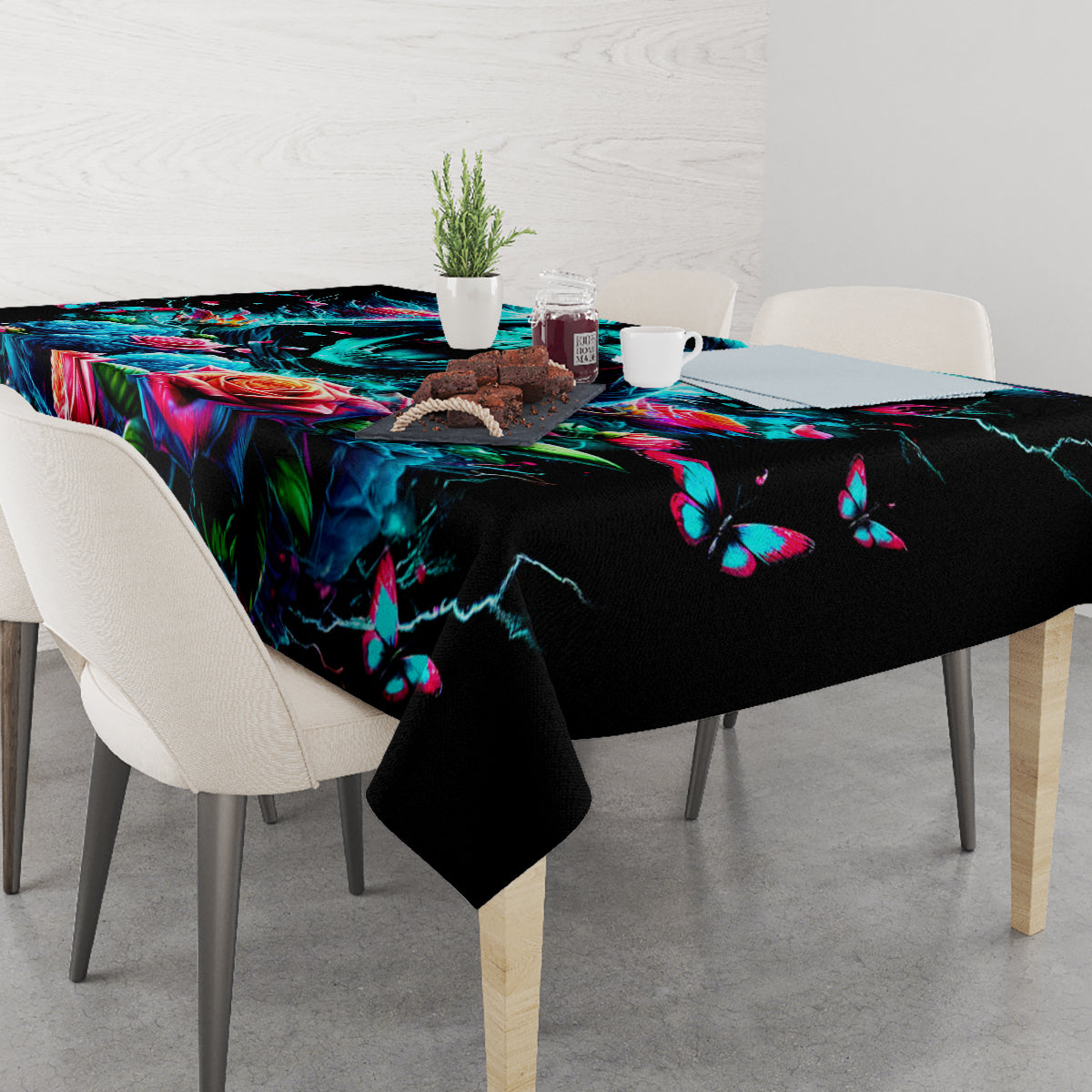 Black tablecloth with vibrant skull, roses, butterfly accents, and electric-blue details