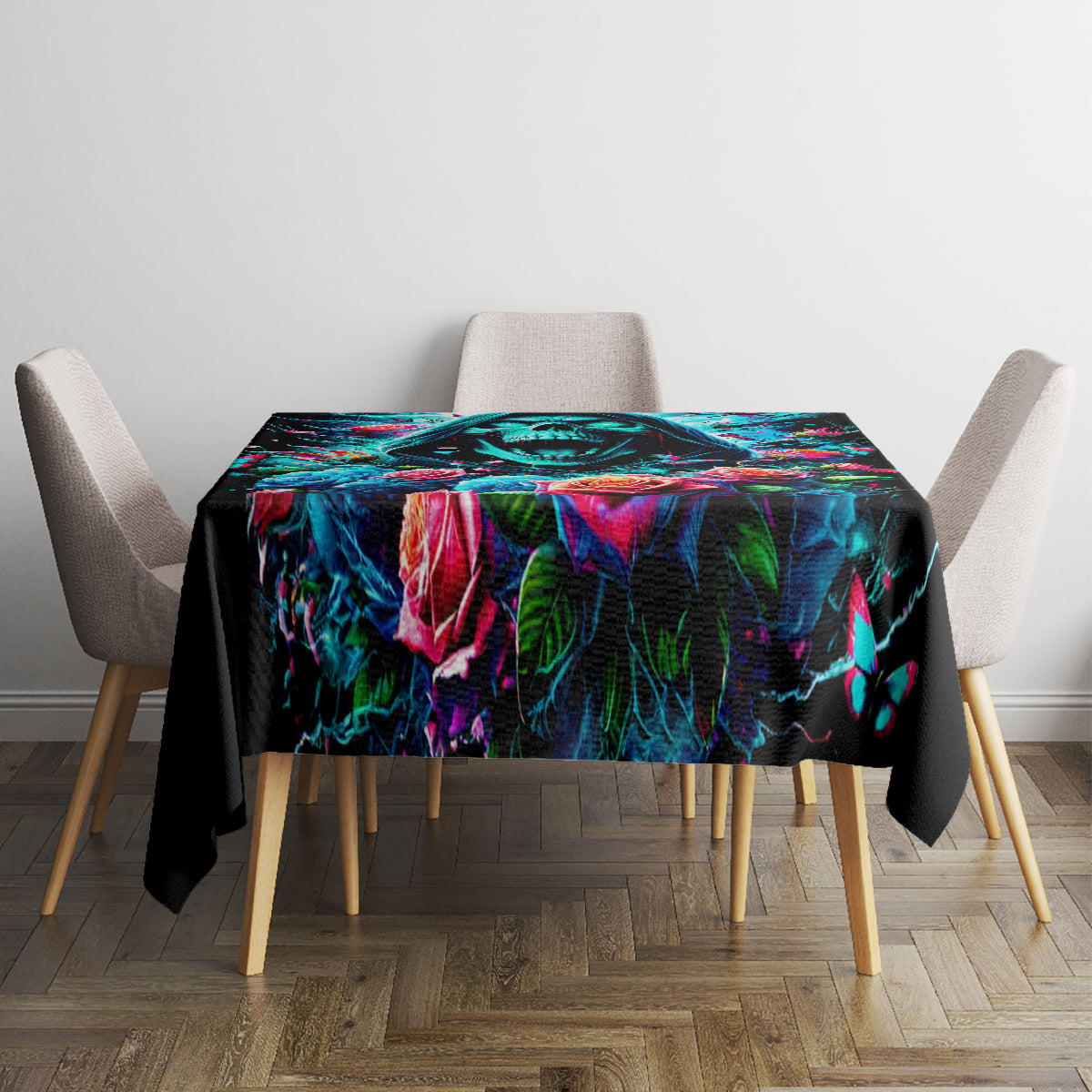 Black tablecloth featuring neon skull and roses with colorful butterfly and flame accents