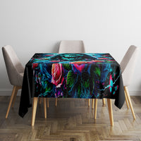 Black tablecloth featuring neon skull and roses with colorful butterfly and flame accents