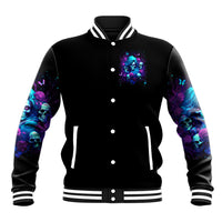 Black varsity baseball jacket with purple-blue skull chest graphic, snap button front
