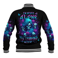 Black baseball jacket with purple-blue skull graphic on back and striped ribbed collar