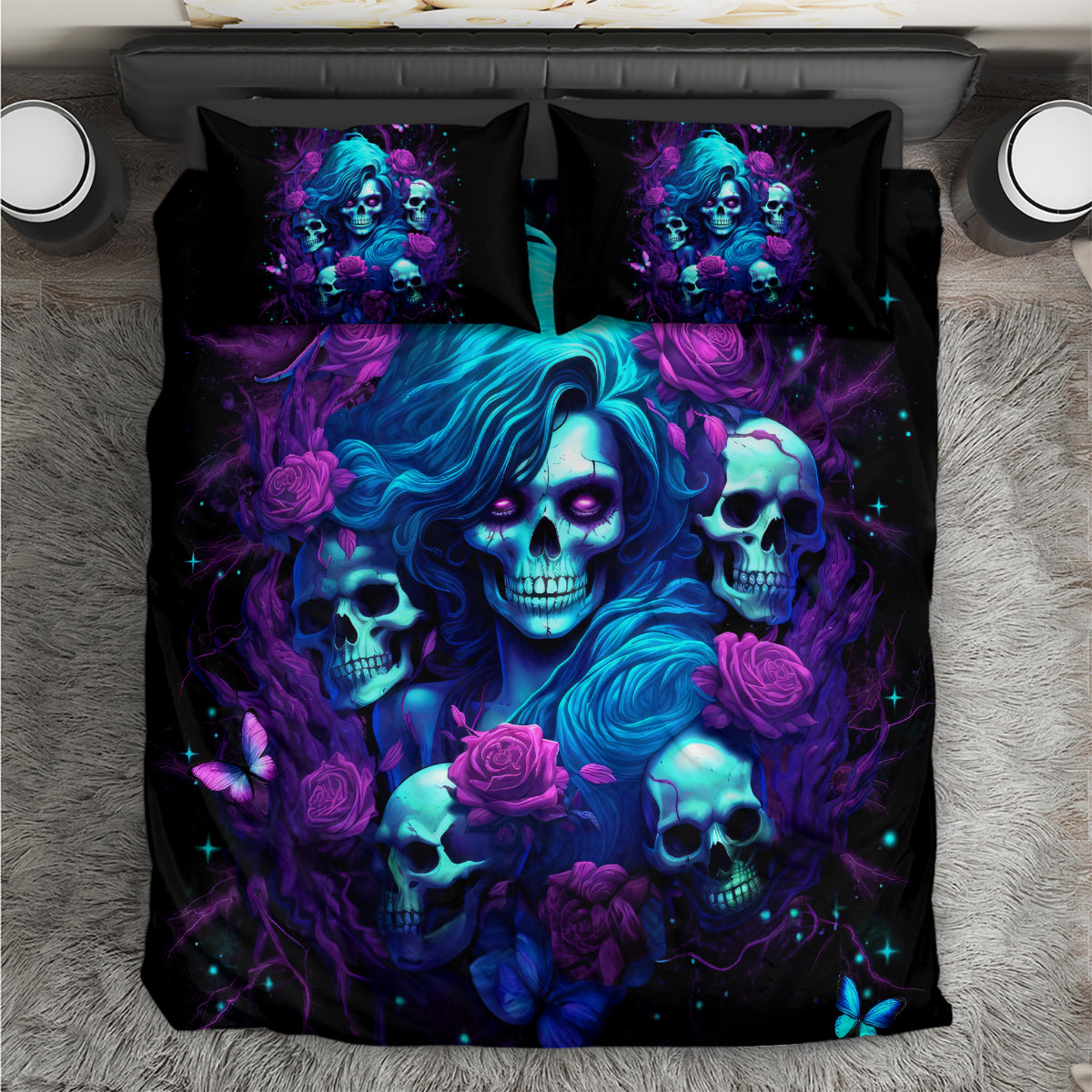 Black skull and blue-haired gothic girl bedding set, roses and purple graphics