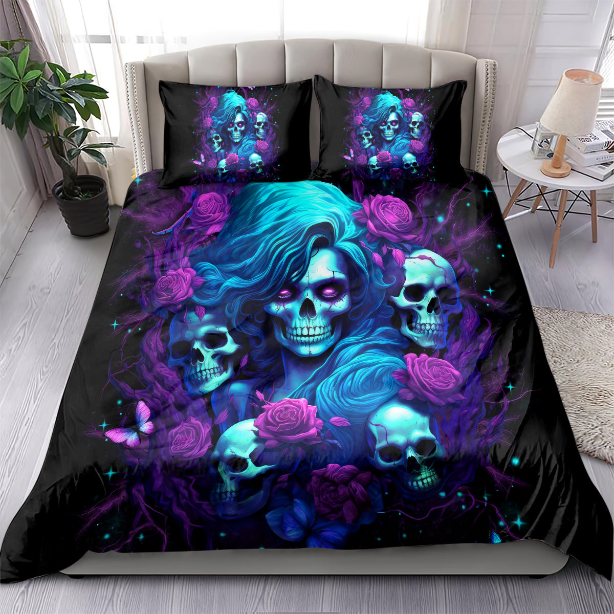 Black gothic bedding set with skulls, blue-haired woman, roses, and purple neon details