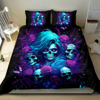Black bedding set with twin pillow art, blue-haired girl, skulls, and purple rose design