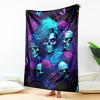 Purple and blue skull rose blanket, rectangular throw displayed on floor