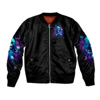 Black bomber jacket with front zipper and blue-purple skull graphic on left chest