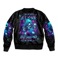 Black bomber jacket with ribbed trim and back skull-rose graphic in blue and purple
