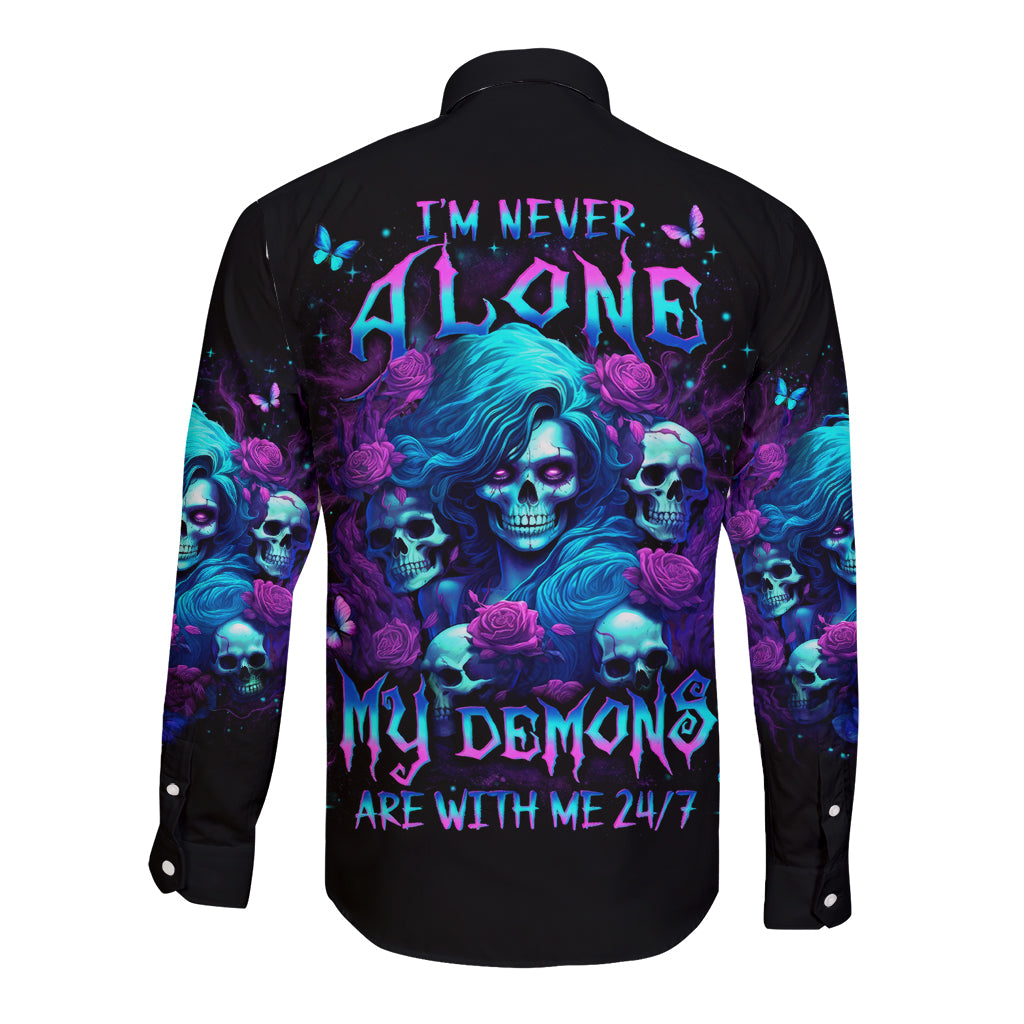 Rose Skull Long Sleeve Button Shirt I'm Never Alone My Demon Are With Me 24/7 - Wonder Print Shop