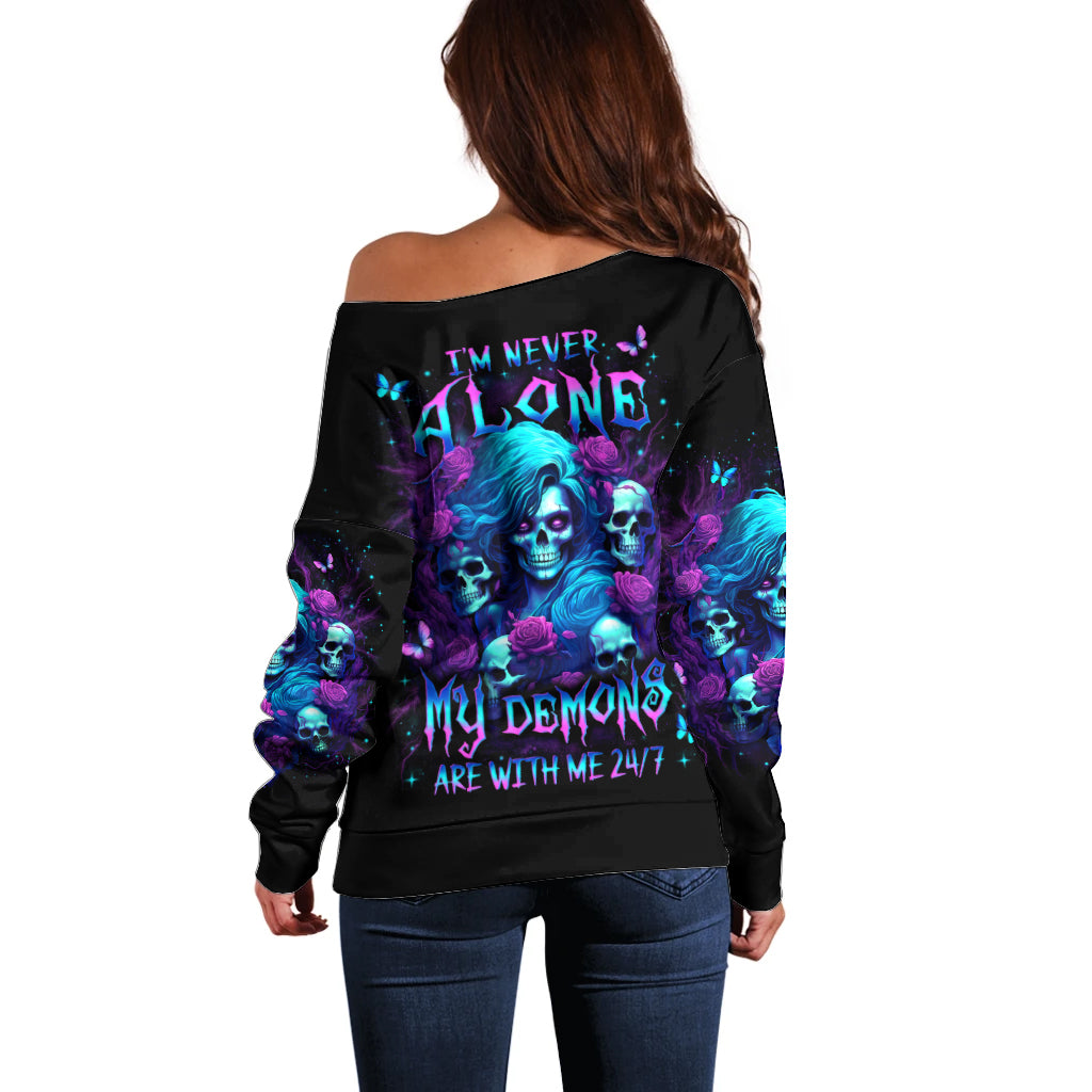 Rose Skull Off Shoulder Sweater I'm Never Alone My Demon Are With Me 24/7 - Wonder Print Shop