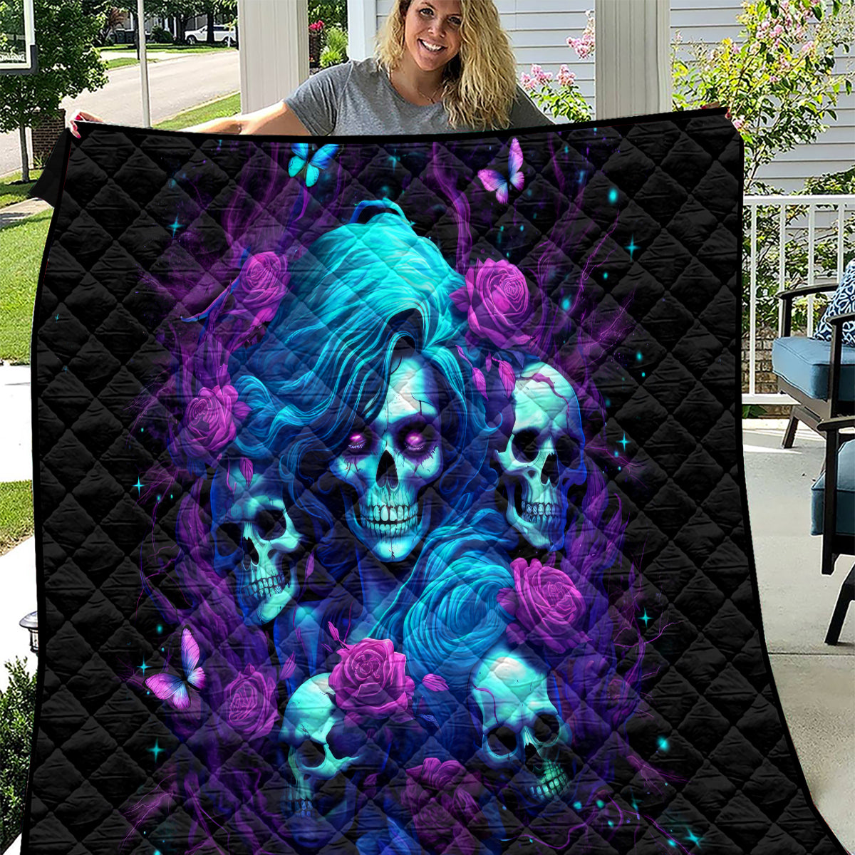 Rose Skull Quilt I'm Never Alone My Demon Are With Me 24/7