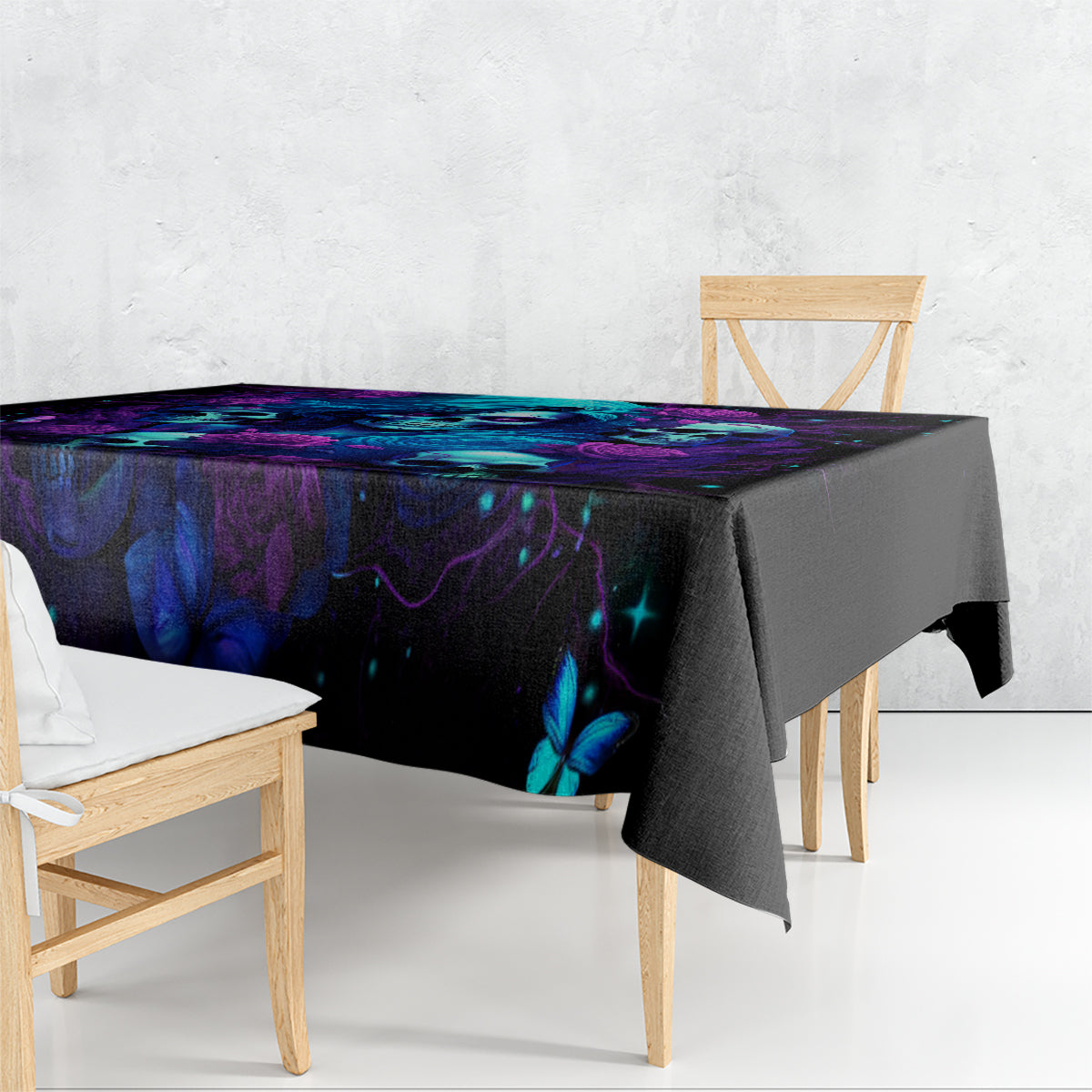 Black rectangular tablecloth with purple and blue fantasy skull rose artwork.