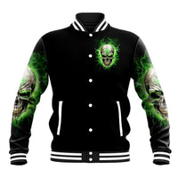 Black baseball jacket with green skull lightning patch, snap front, striped ribbed cuffs.