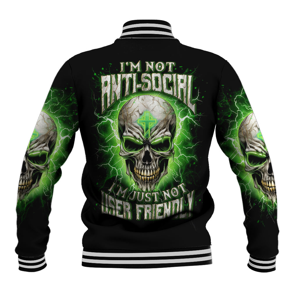 Black baseball jacket with green lightning skull graphic, striped ribbed collar and cuffs.