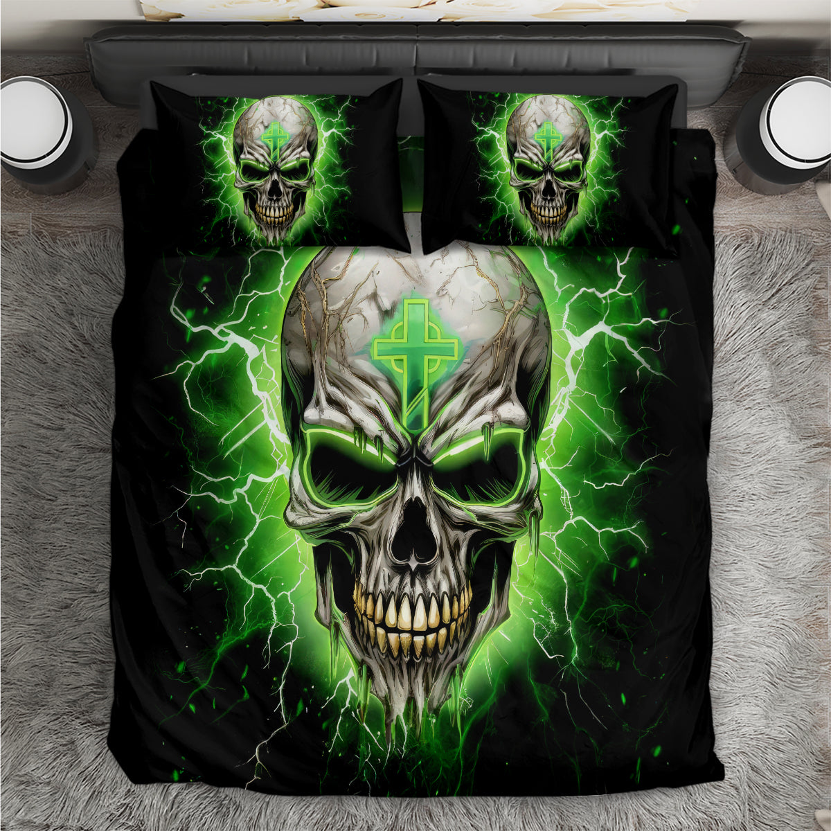 Black bedding set with green lightning skull and cross, includes two pillowcases