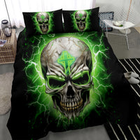 Black duvet and two pillowcases featuring green skull with cross and lightning pattern