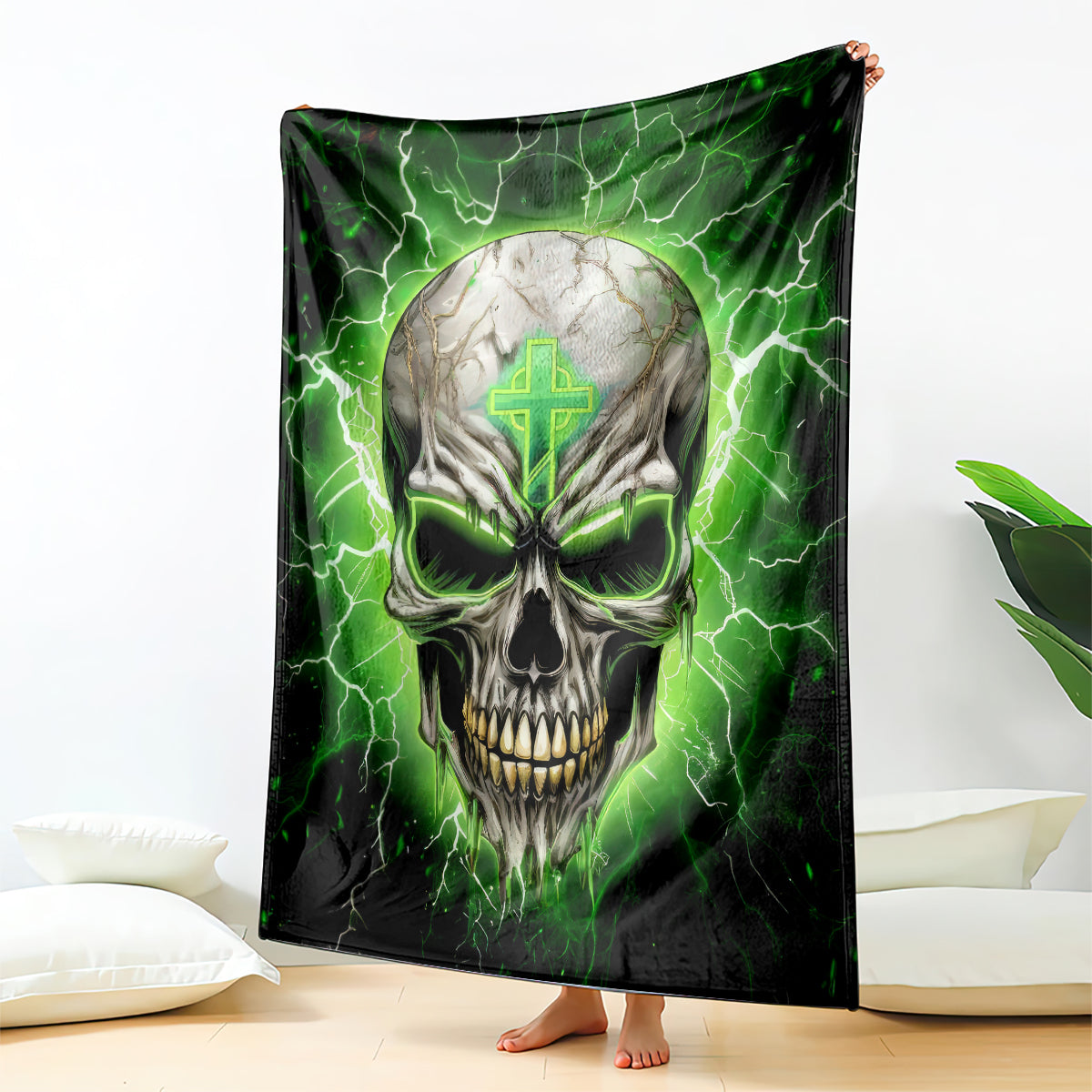 Black and green skull lightning throw blanket with large centered face graphic