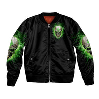 Unisex black bomber jacket front zip with green skull emblem and ribbed hem