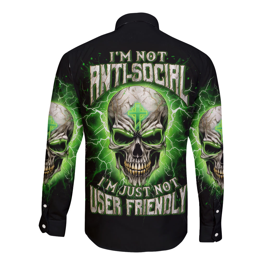 Thunder Skull Long Sleeve Button Shirt I'm Not Anti-Social I Must Not User Friendly - Wonder Print Shop