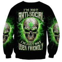 Black unisex sweatshirt with green lightning skull front graphic and long sleeves