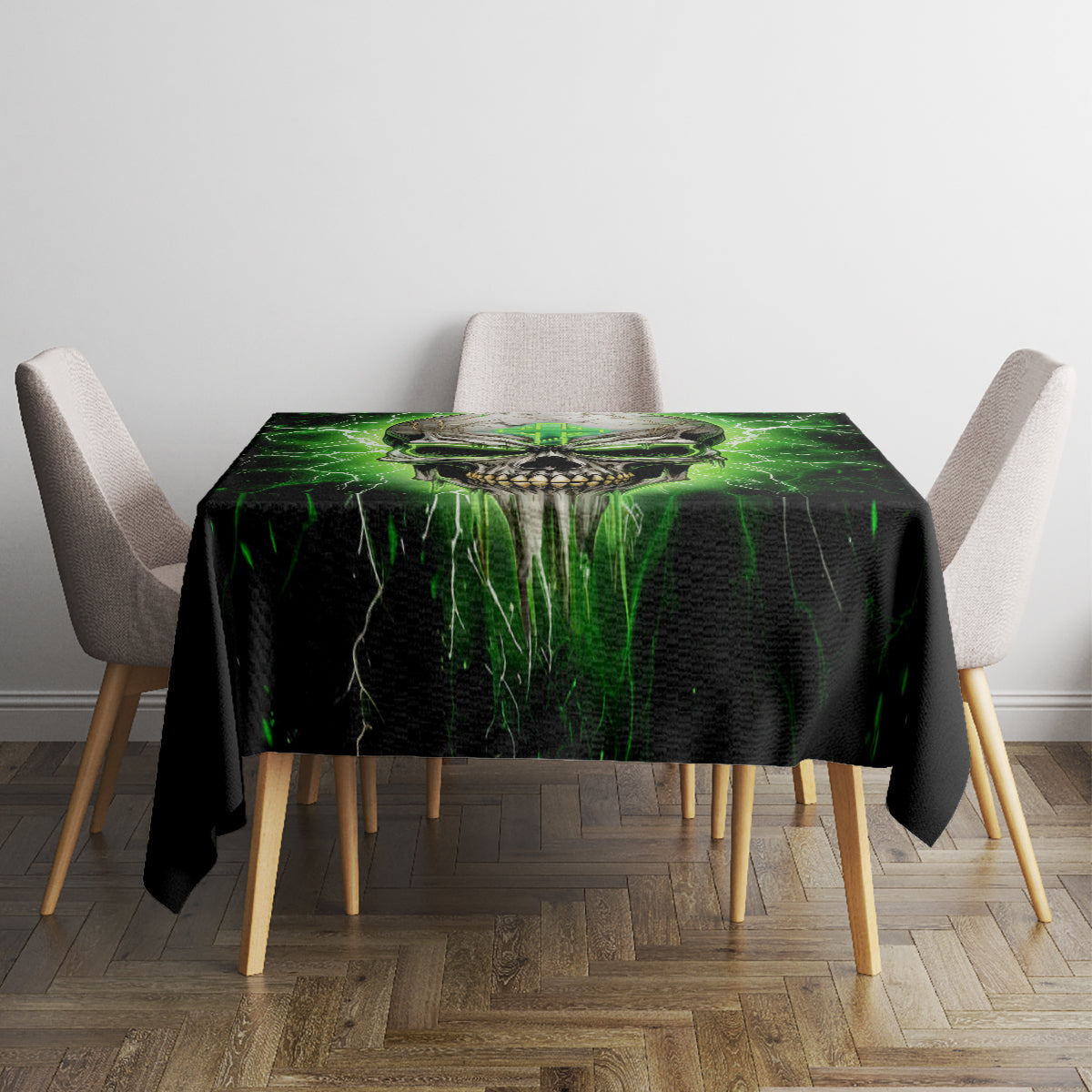 Black tablecloth with green lightning skull print on square table, four chairs