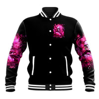 Black unisex baseball jacket, pink skull-girl front print, snap button and striped trims