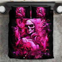 Black bedding set with hot pink skull lady graphic and two matching pillowcases