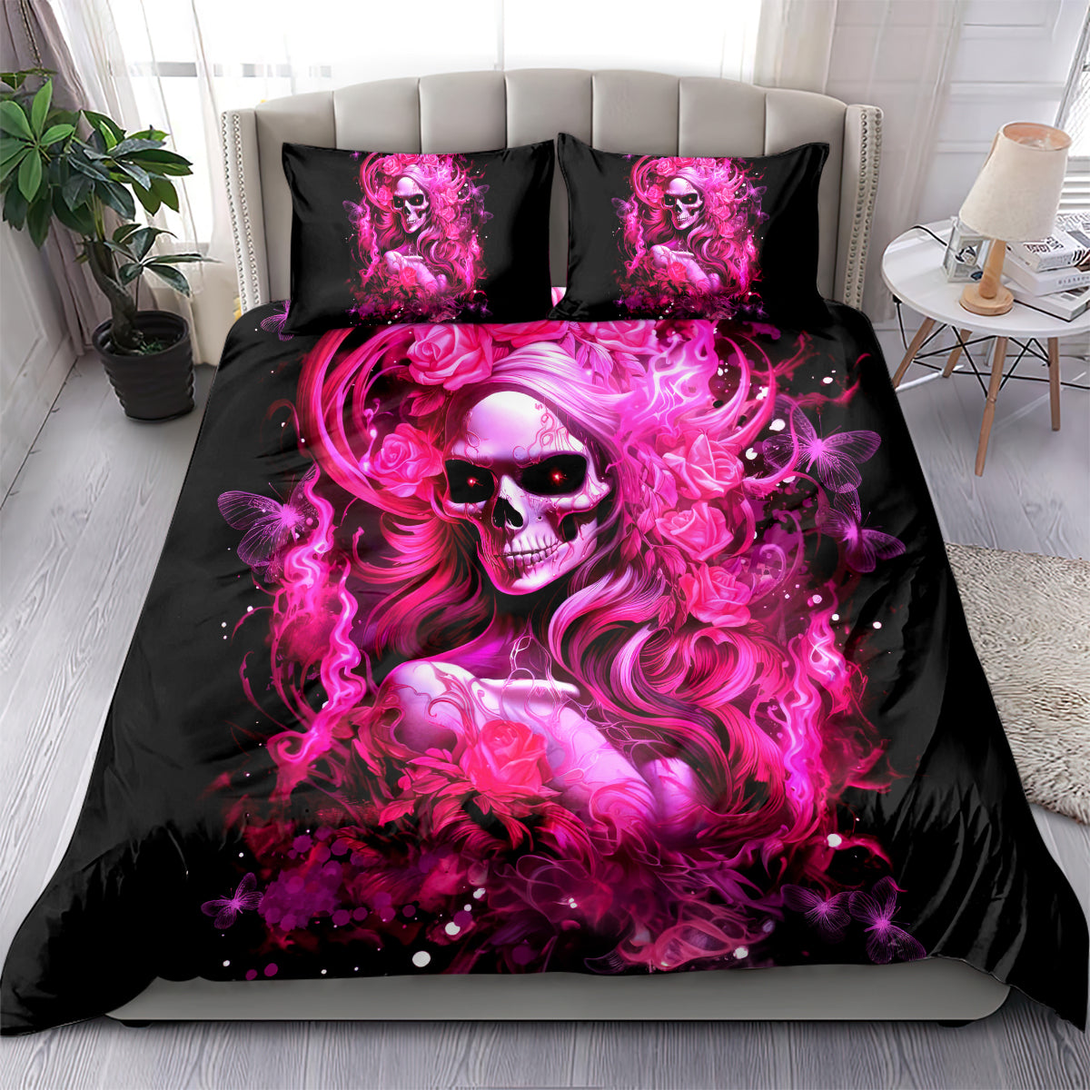 Black duvet cover bedding set with pink skull lady artwork and two square pillows