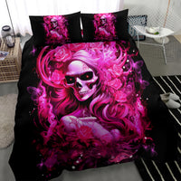 Black bedding set featuring a glowing pink skull lady print with two pillowcases