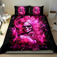 Black skull lady bedding set with hot pink fantasy artwork and two matching pillows