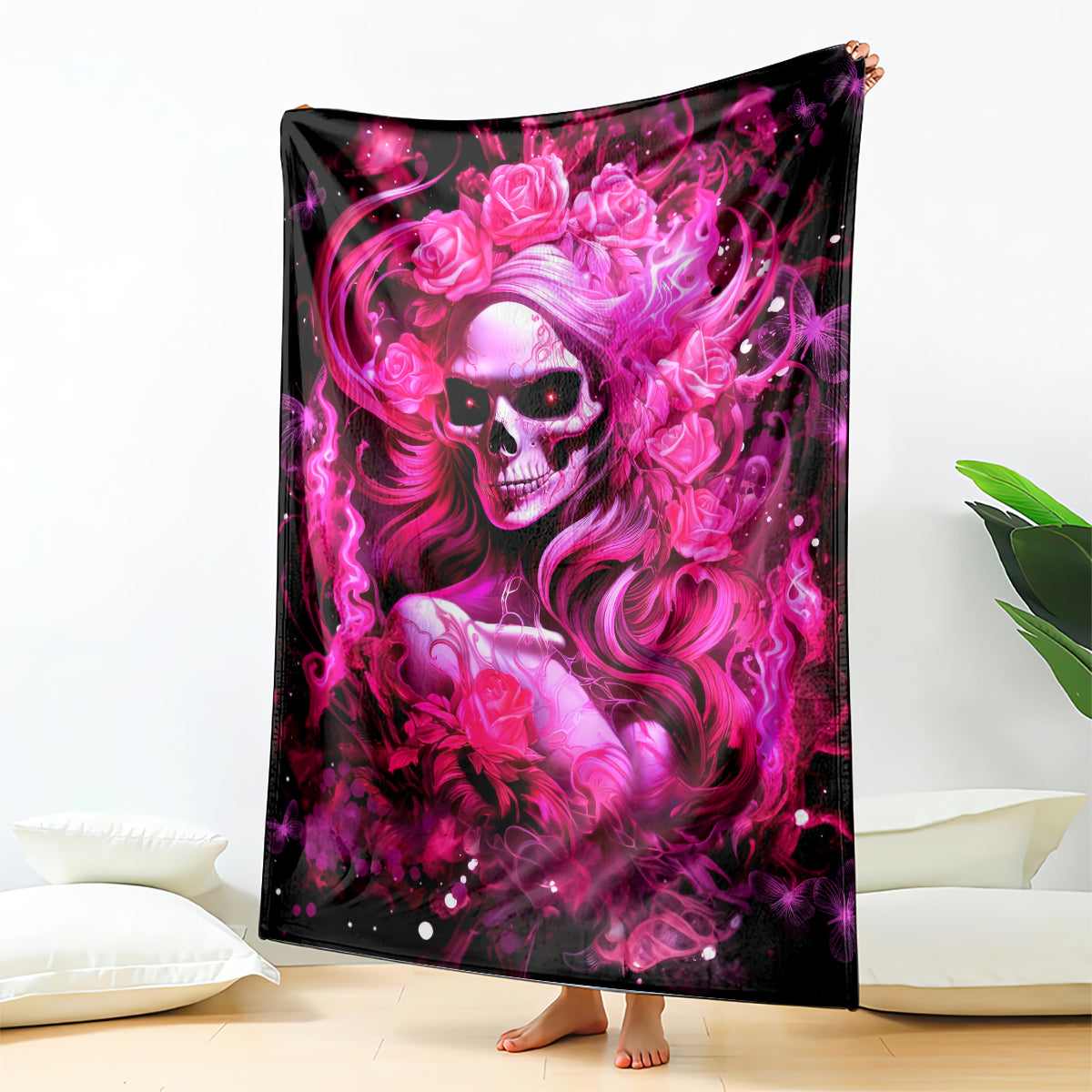 Black skull lady blanket with neon pink hair, roses, and swirling flames graphic